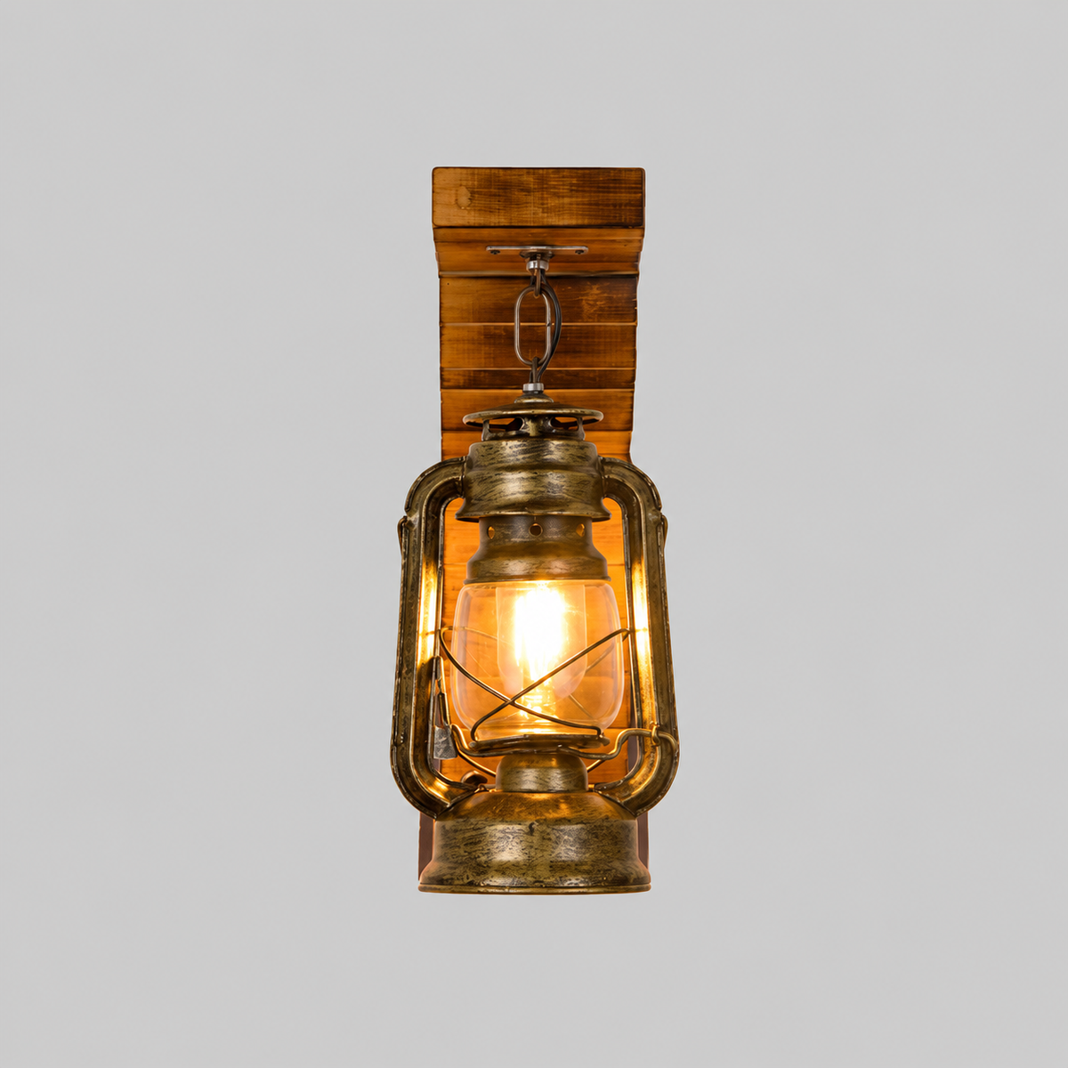 Applique murale lanterne en bois Lyros – Luminaire vintage en pin et métal bronze