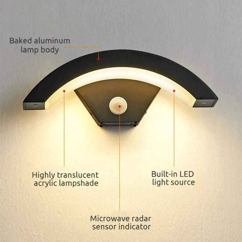 Applique murale extérieure à détecteur Elvon – LED en arc noire, étanche IP65