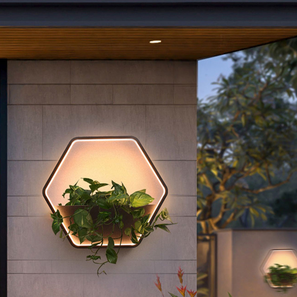Applique murale extérieure hexagonale à tablette Ray – Anneau LED noir, filaire ou solaire