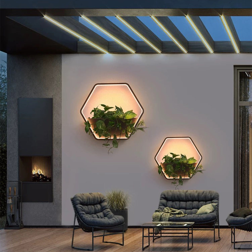 Applique murale extérieure hexagonale à tablette Ray – Anneau LED noir, filaire ou solaire