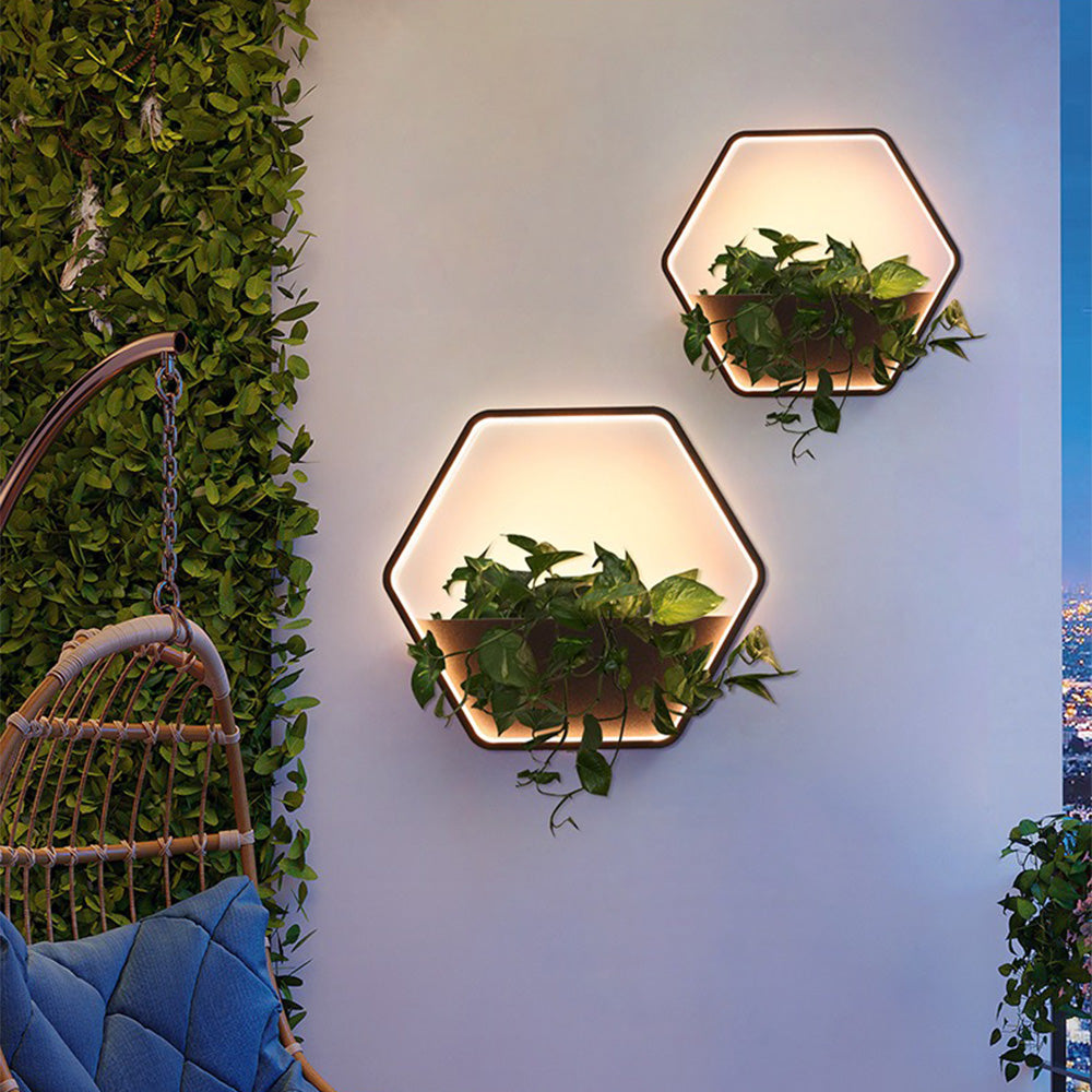 Applique murale extérieure hexagonale à tablette Ray – Anneau LED noir, filaire ou solaire