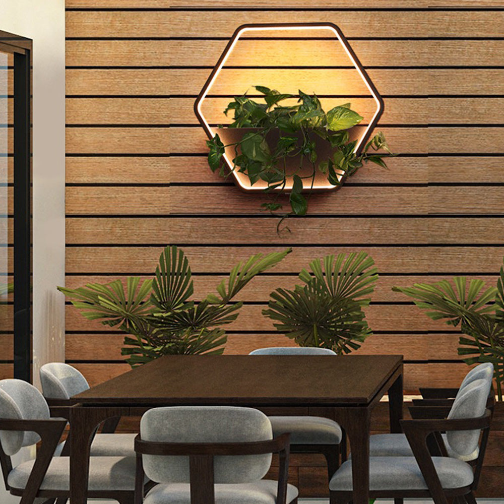 Applique murale extérieure hexagonale à tablette Ray – Anneau LED noir, filaire ou solaire