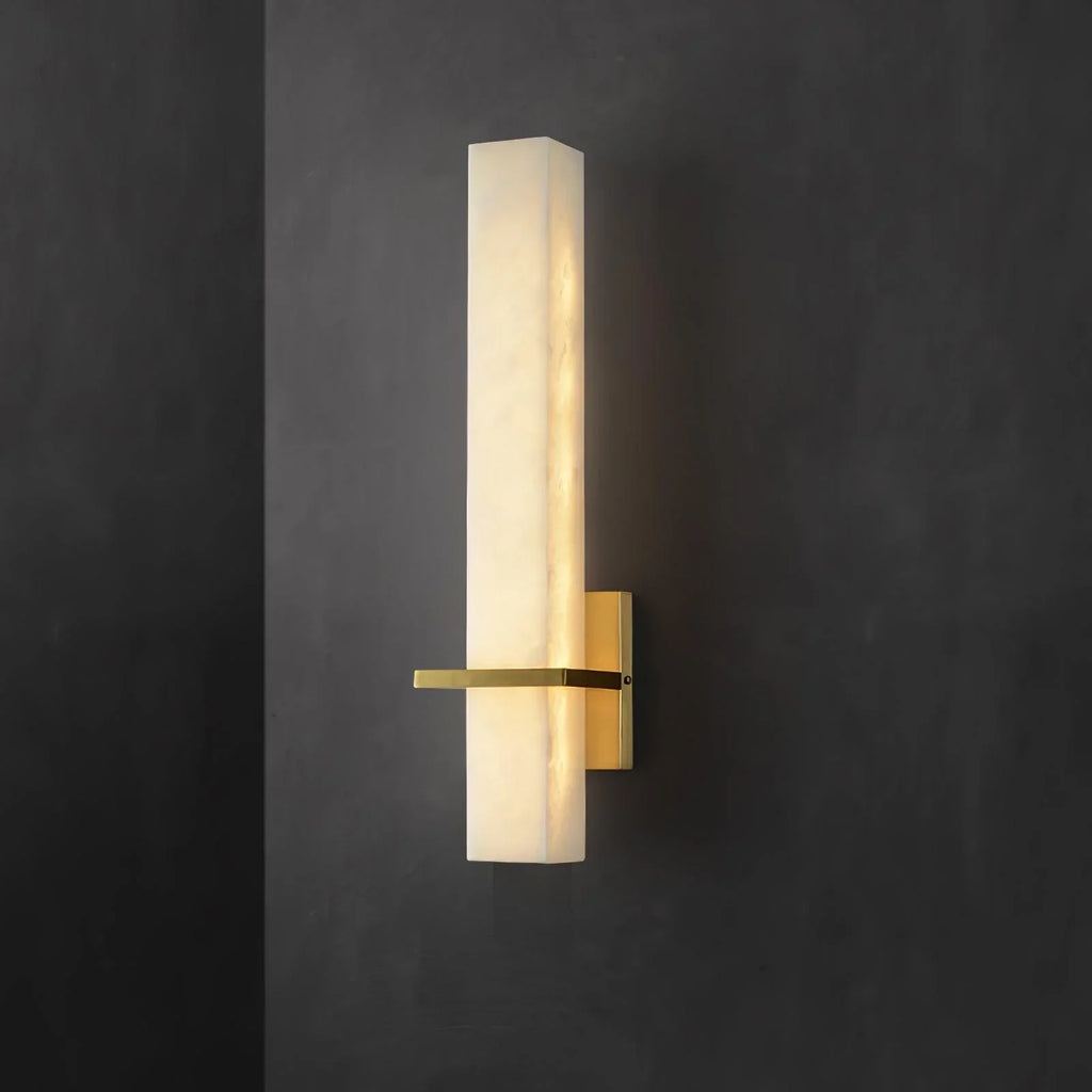 Applique murale en albâtre Ritta – Cube blanc et laiton, LED blanc chaud ou froid