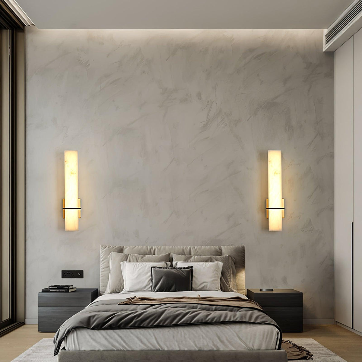 Applique murale en albâtre Ritta – Cube blanc et laiton, LED blanc chaud ou froid