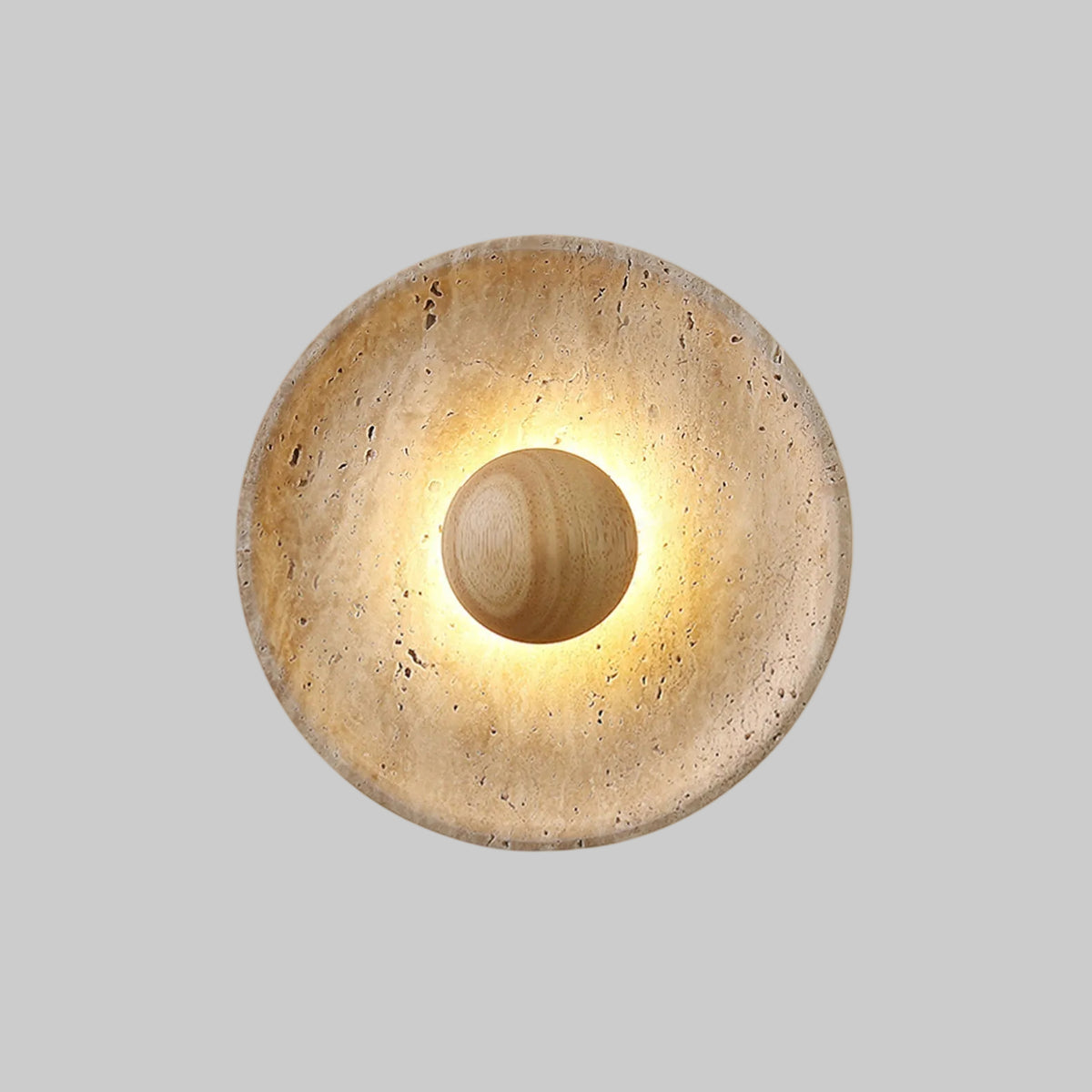 Applique murale en travertin Aveny – Disque de pierre et sphère en bois