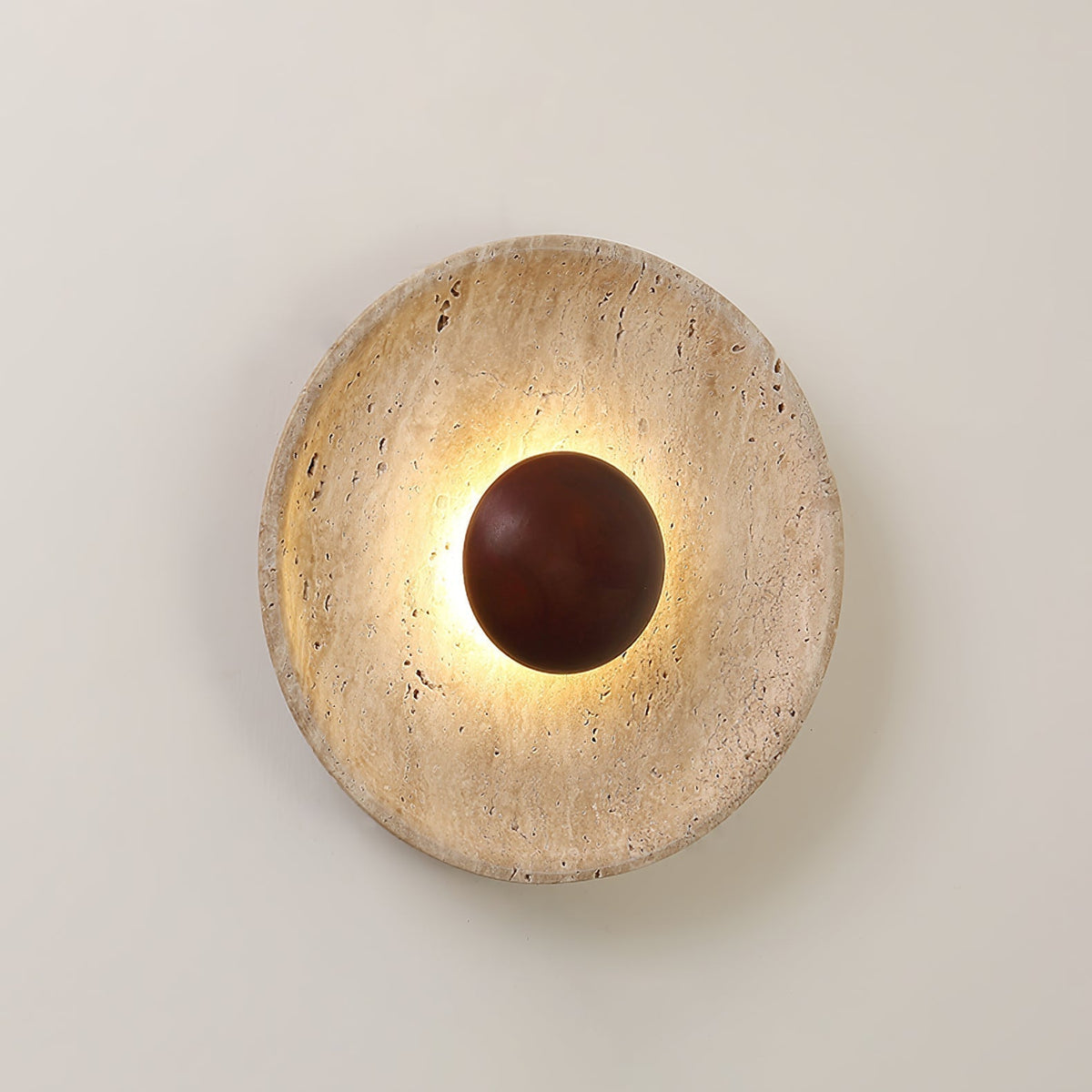 Applique murale en travertin Aveny – Disque de pierre et sphère en bois