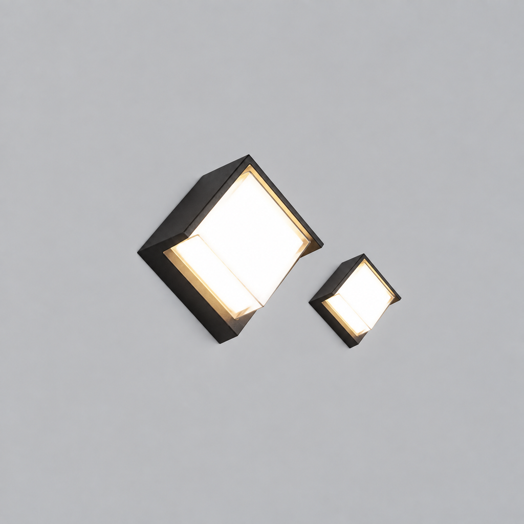 Applique murale extérieure carrée Ray – LED en métal noir et acrylique, blanc chaud