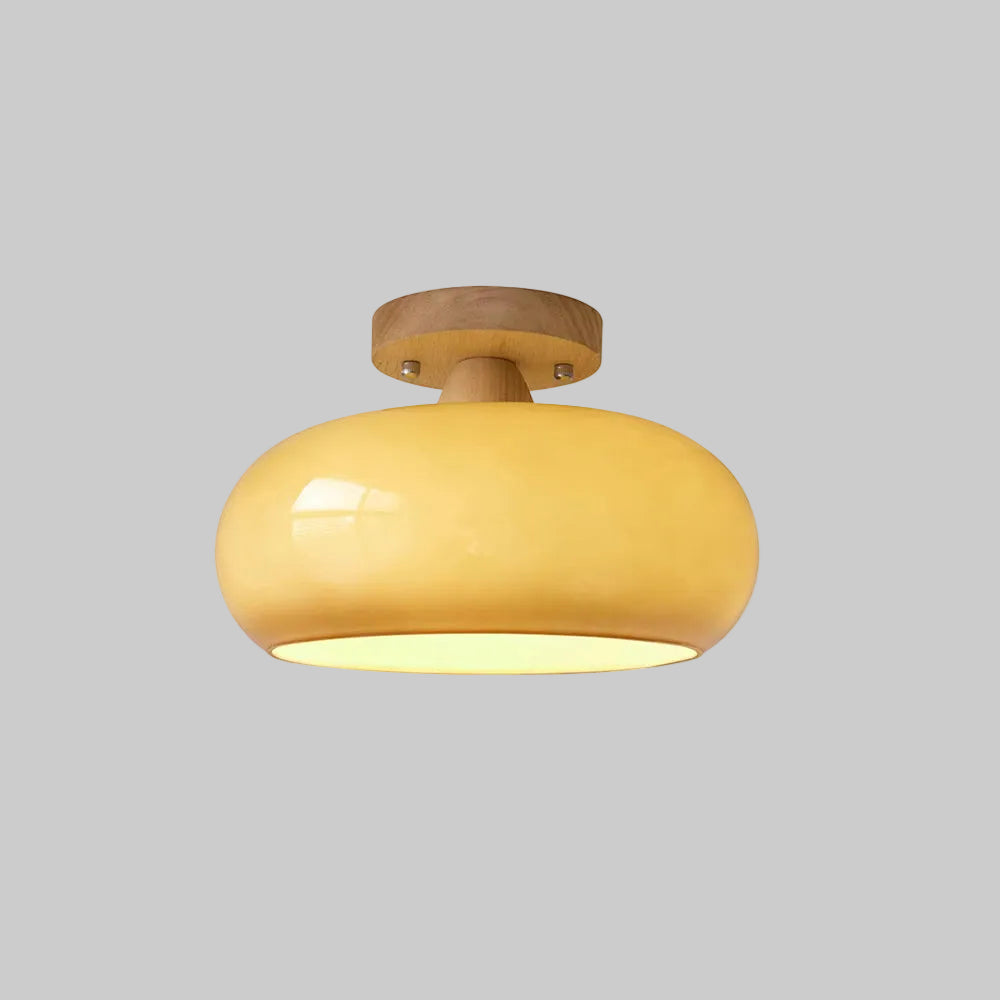Plafonnier en bois et verre Charlotte – Globe blanc ou jaune sur socle bois
