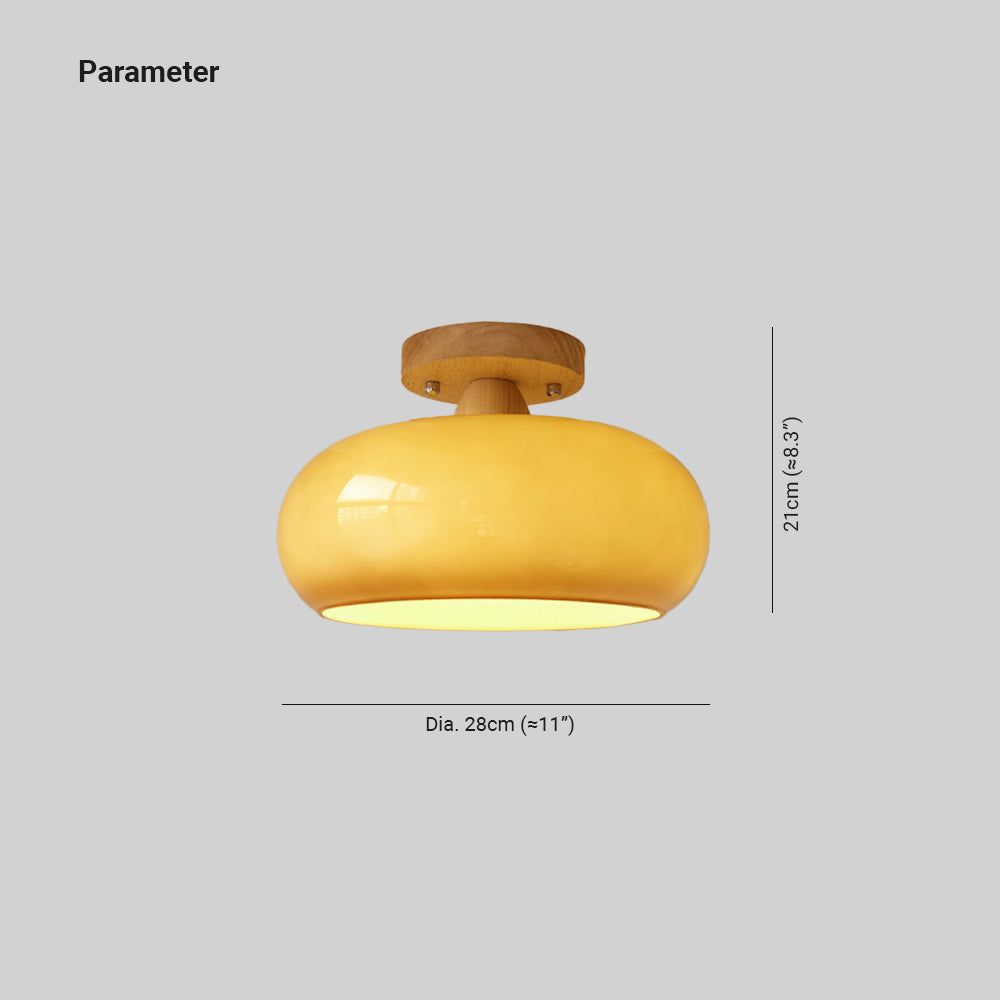 Plafonnier en bois et verre Charlotte – Globe blanc ou jaune sur socle bois
