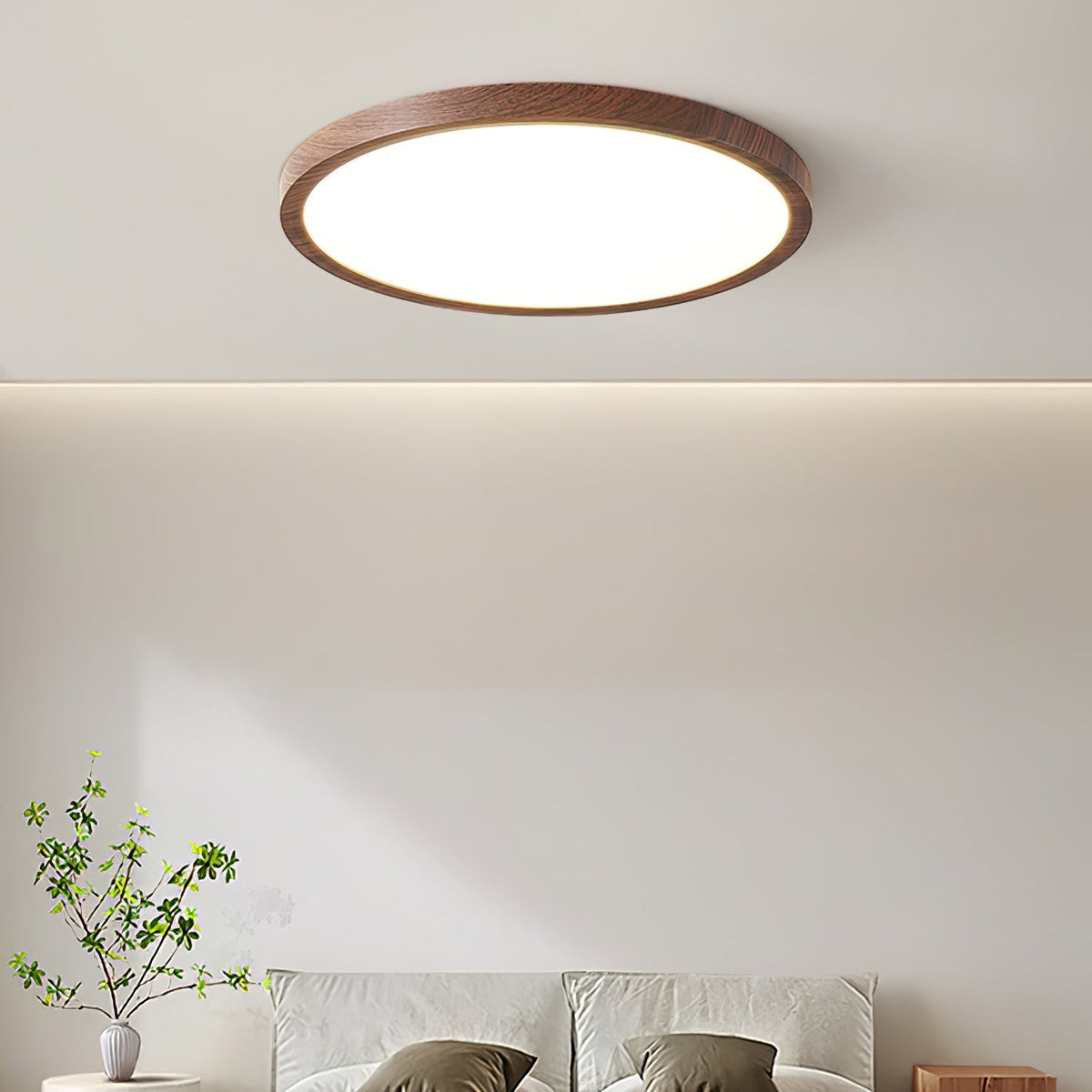 Plafonnier LED extra-plat Ivera – Rond effet noyer, 2,5 cm d'épaisseur