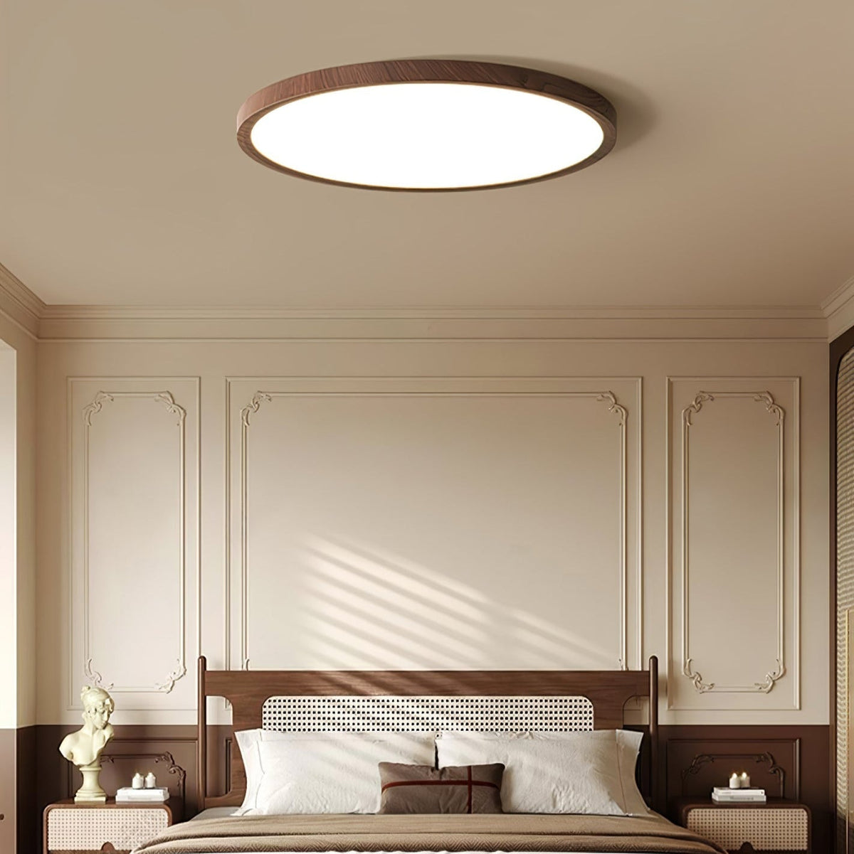 Plafonnier LED extra-plat Ivera – Rond effet noyer, 2,5 cm d'épaisseur