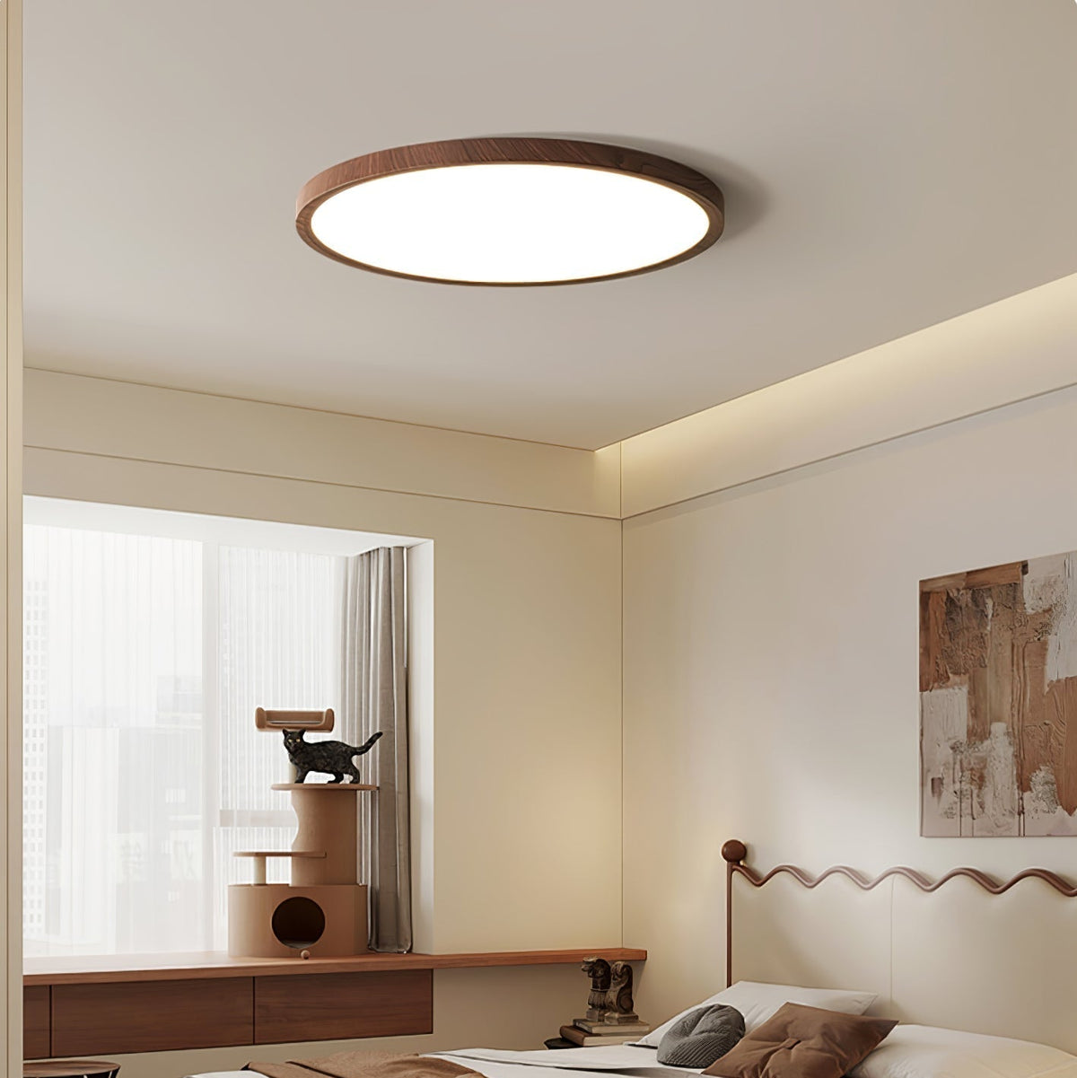Plafonnier LED extra-plat Ivera – Rond effet noyer, 2,5 cm d'épaisseur