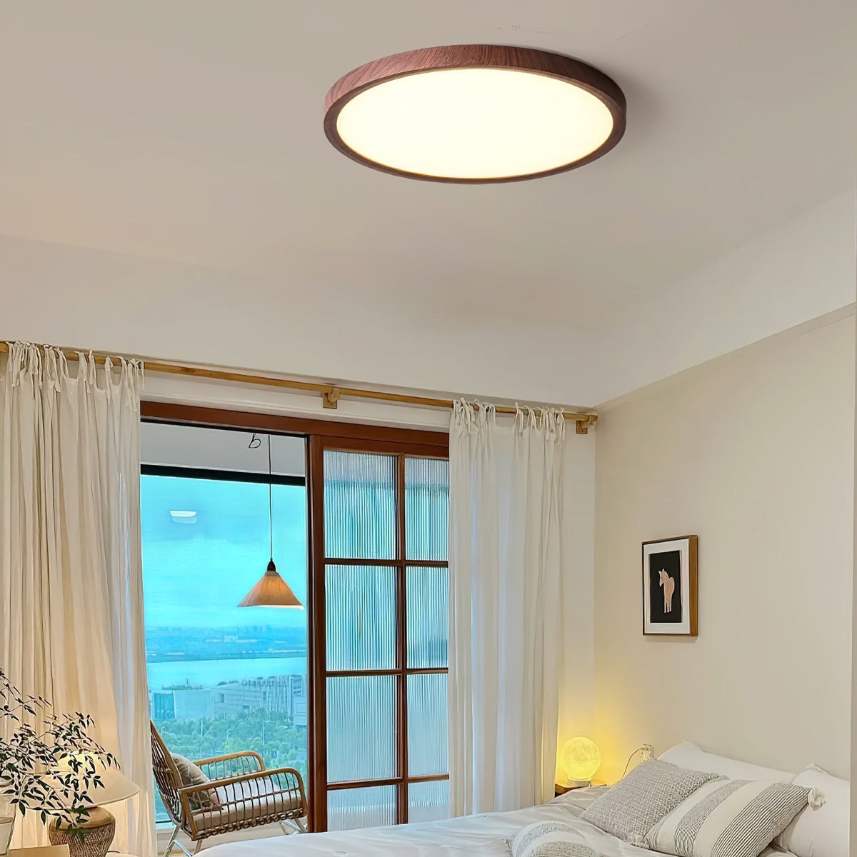 Plafonnier LED extra-plat Ivera – Rond effet noyer, 2,5 cm d'épaisseur