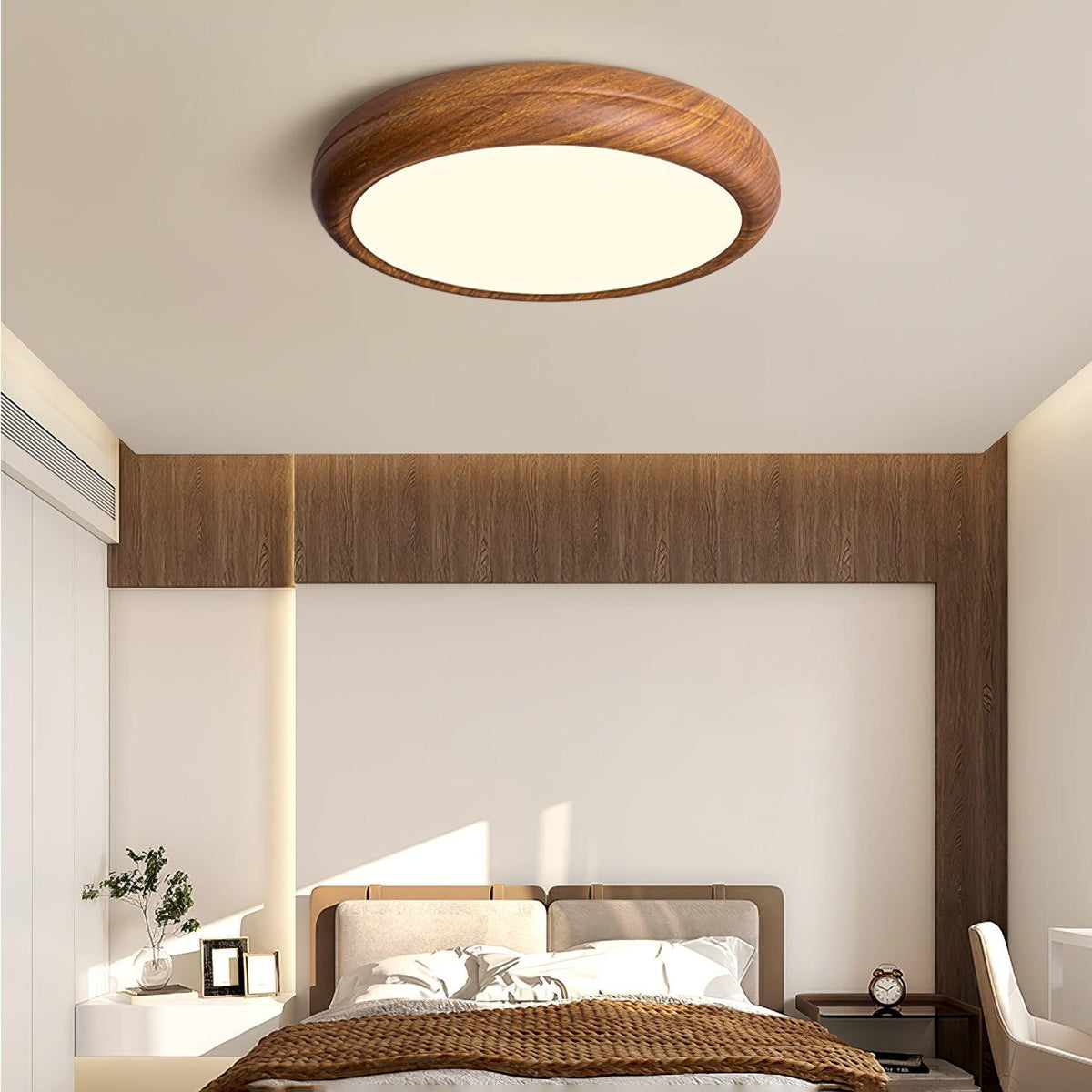 Plafonnier LED rond en acrylique Grena – Effet bois noyer ou chêne, version télécommandée