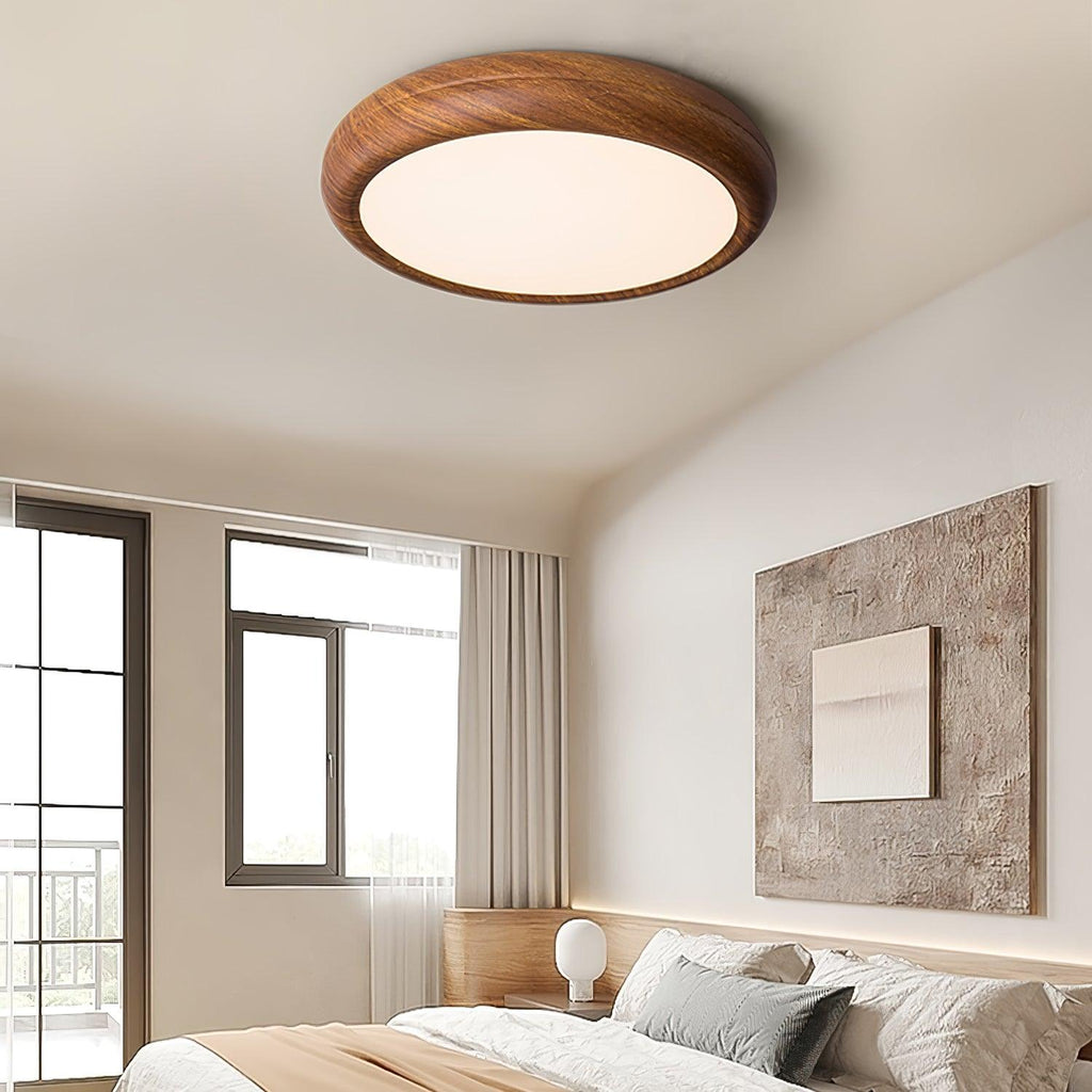 Plafonnier LED rond en acrylique Grena – Effet bois noyer ou chêne, version télécommandée