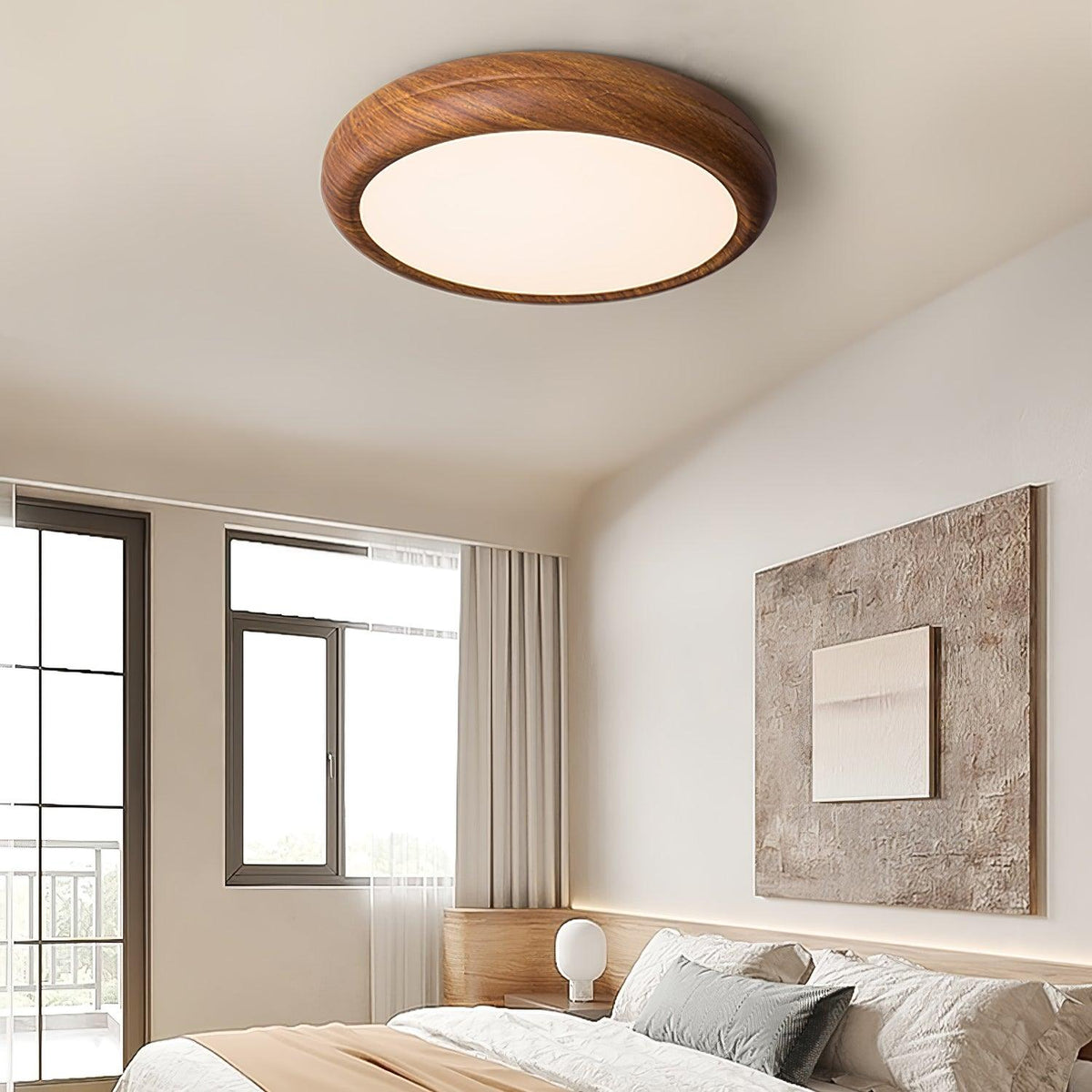 Plafonnier LED rond en acrylique Grena – Effet bois noyer ou chêne, version télécommandée