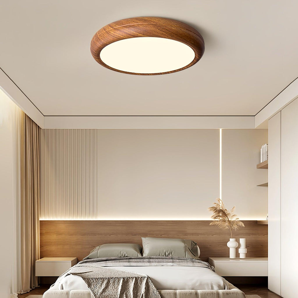 Plafonnier LED rond en acrylique Grena – Effet bois noyer ou chêne, version télécommandée