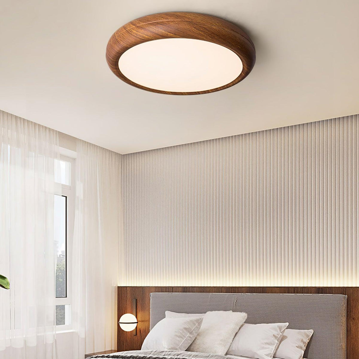 Plafonnier LED rond en acrylique Grena – Effet bois noyer ou chêne, version télécommandée