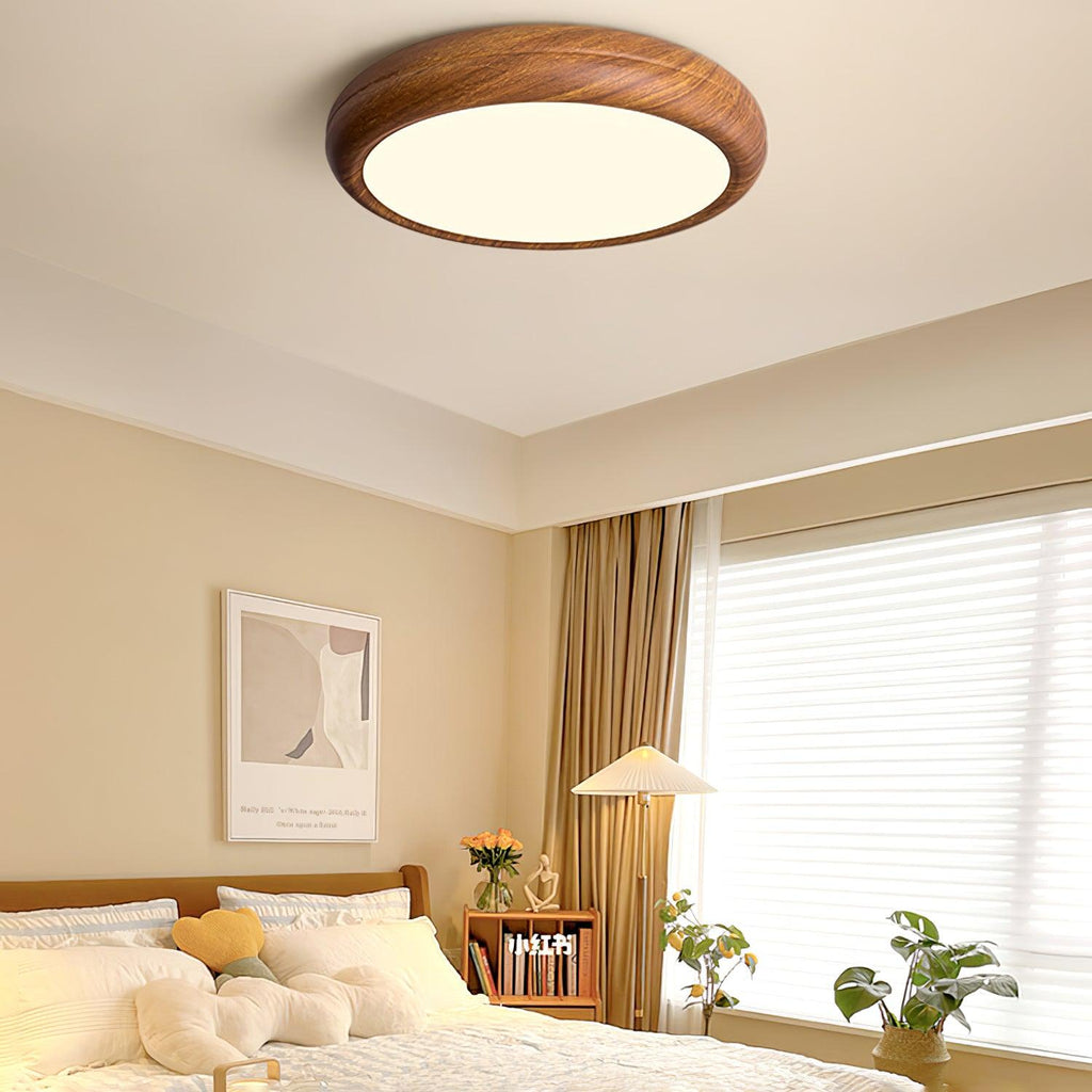 Plafonnier LED rond en acrylique Grena – Effet bois noyer ou chêne, version télécommandée