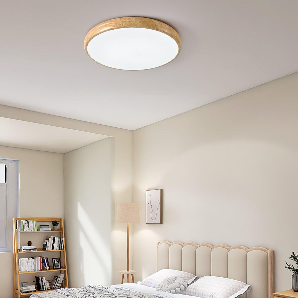 Plafonnier LED rond en acrylique Grena – Effet bois noyer ou chêne, version télécommandée