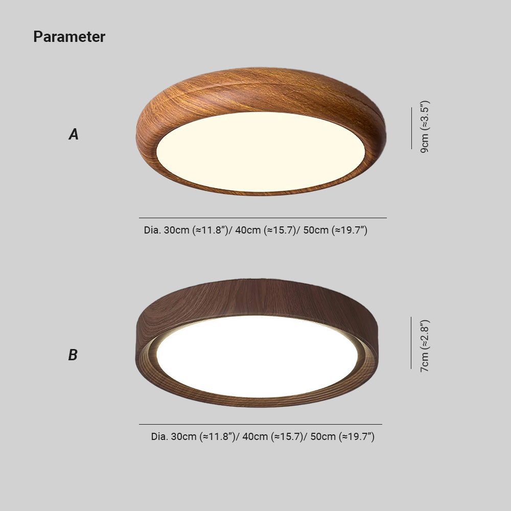 Plafonnier LED rond en acrylique Grena – Effet bois noyer ou chêne, version télécommandée