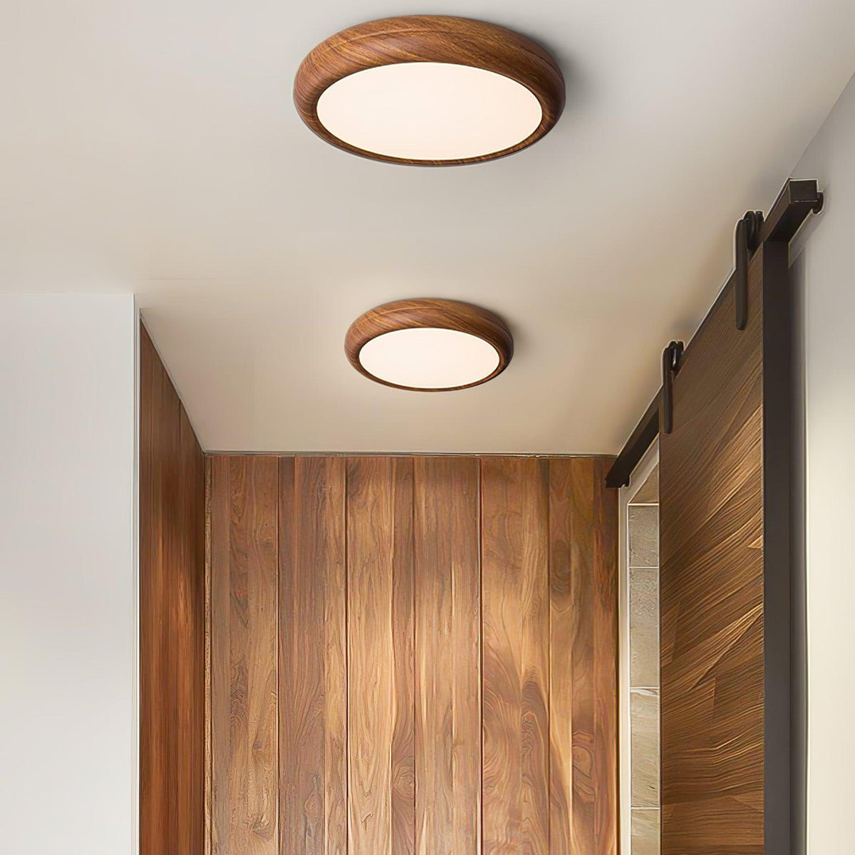 Plafonnier LED rond en acrylique Grena – Effet bois noyer ou chêne, version télécommandée