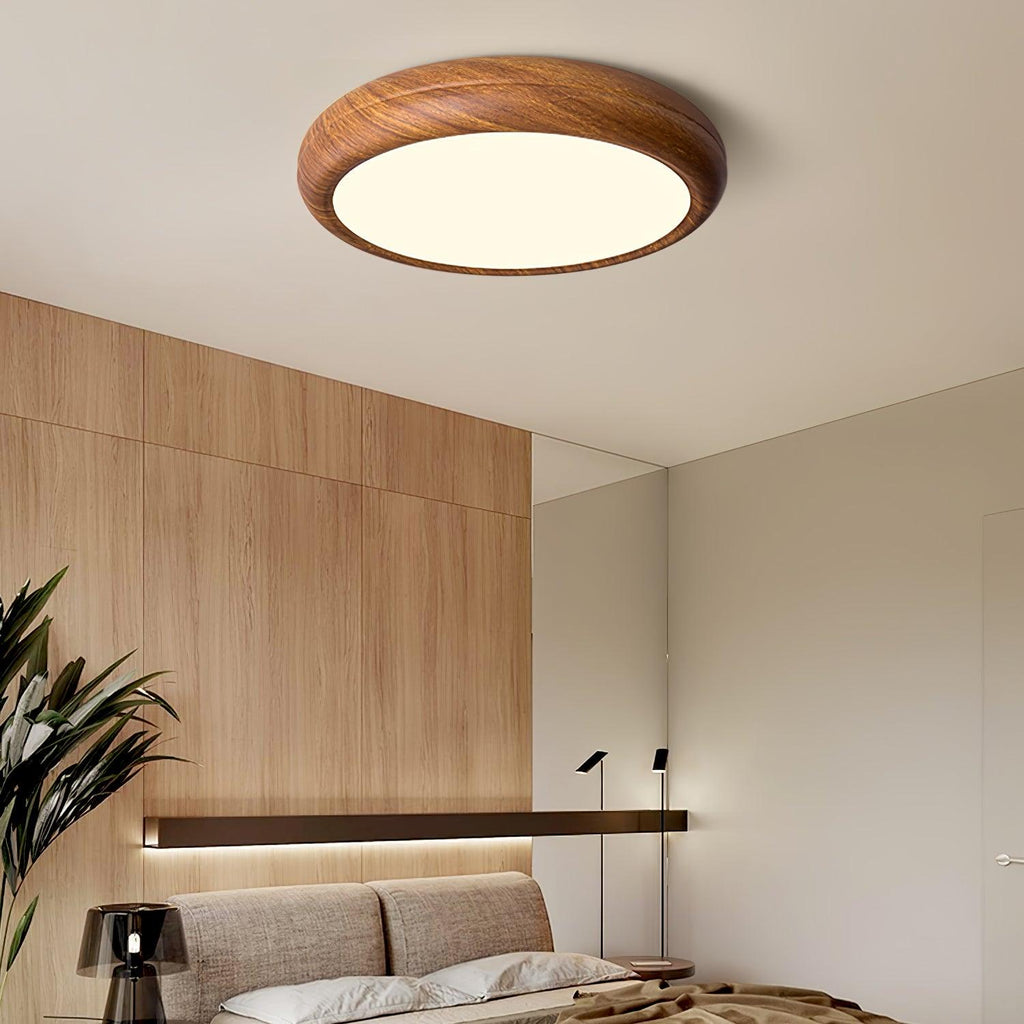 Plafonnier LED rond en acrylique Grena – Effet bois noyer ou chêne, version télécommandée