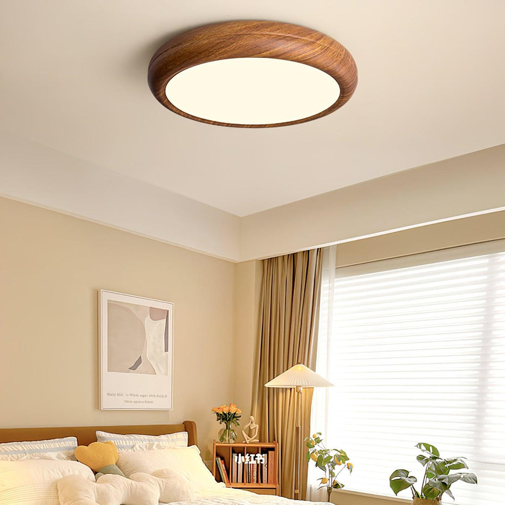 Plafonnier LED rond en acrylique Grena – Effet bois noyer ou chêne, version télécommandée