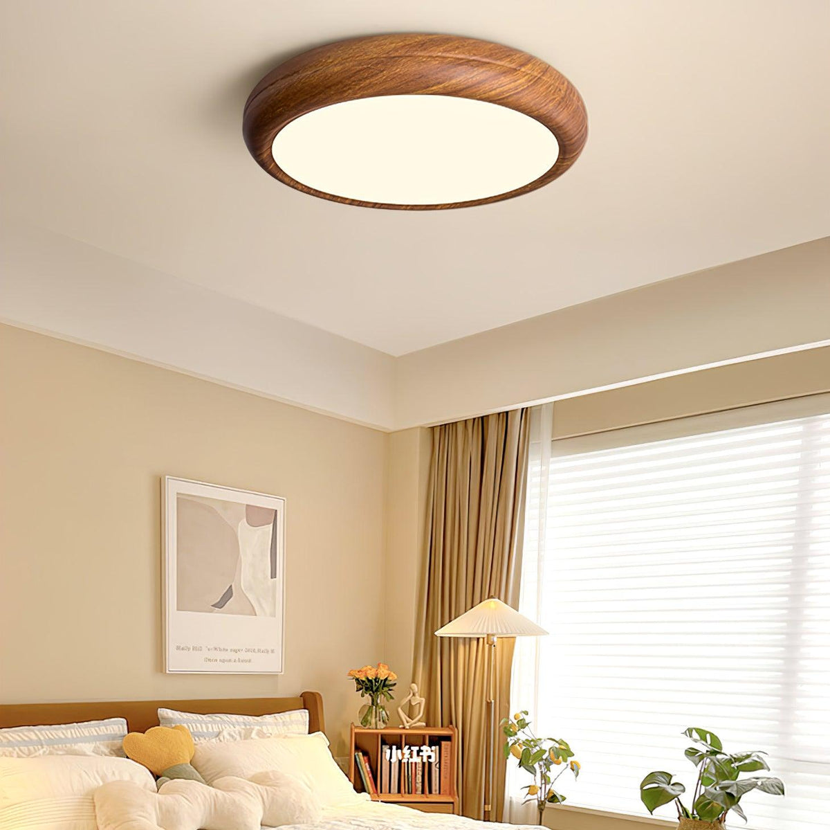 Plafonnier LED rond en acrylique Grena – Effet bois noyer ou chêne, version télécommandée