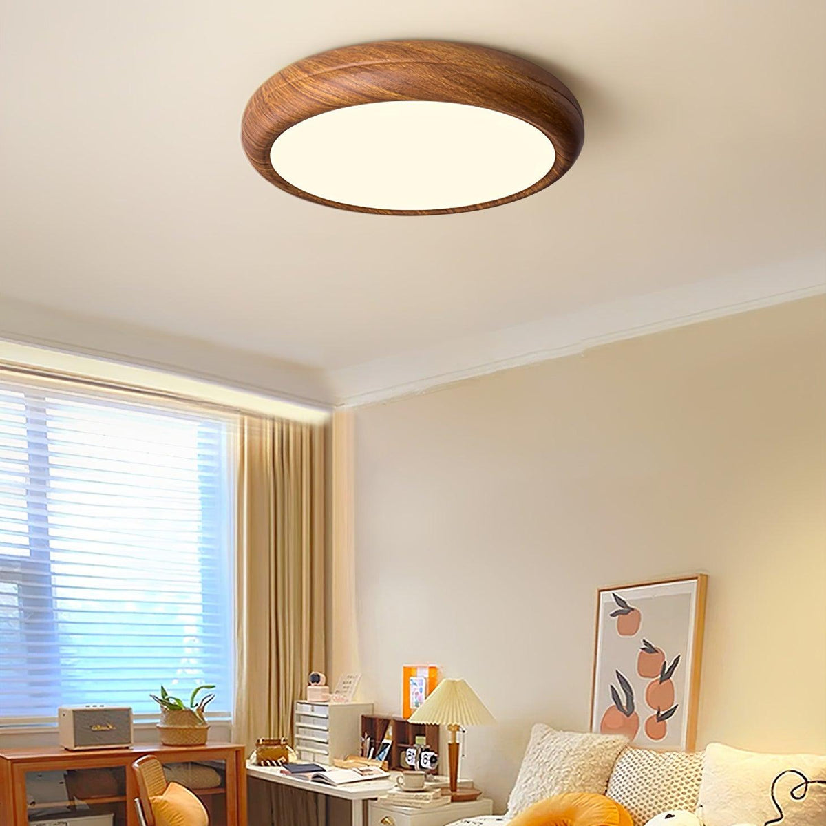 Plafonnier LED rond en acrylique Grena – Effet bois noyer ou chêne, version télécommandée