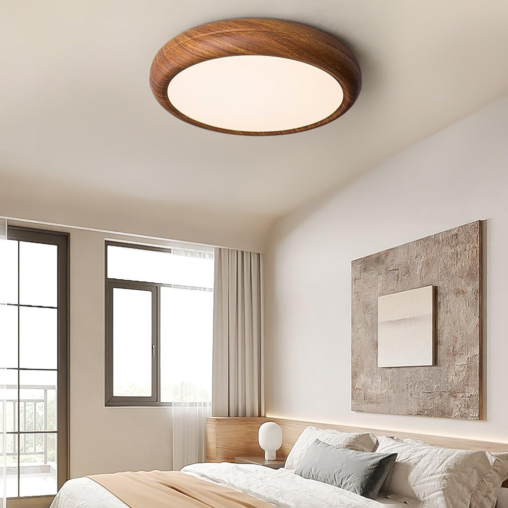 Plafonnier LED rond en acrylique Grena – Effet bois noyer ou chêne, version télécommandée