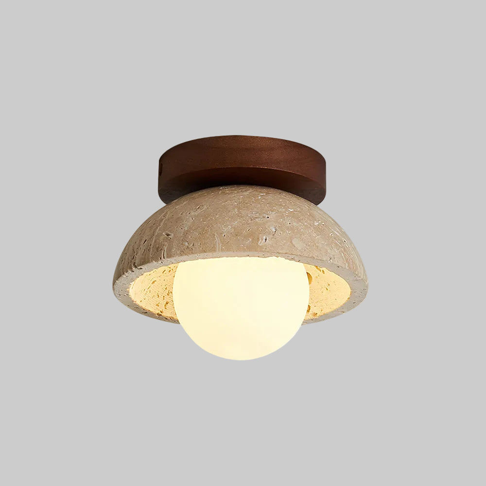 Plafonnier en travertin Mysa – Globe en verre et bois, luminaire minimaliste en pierre