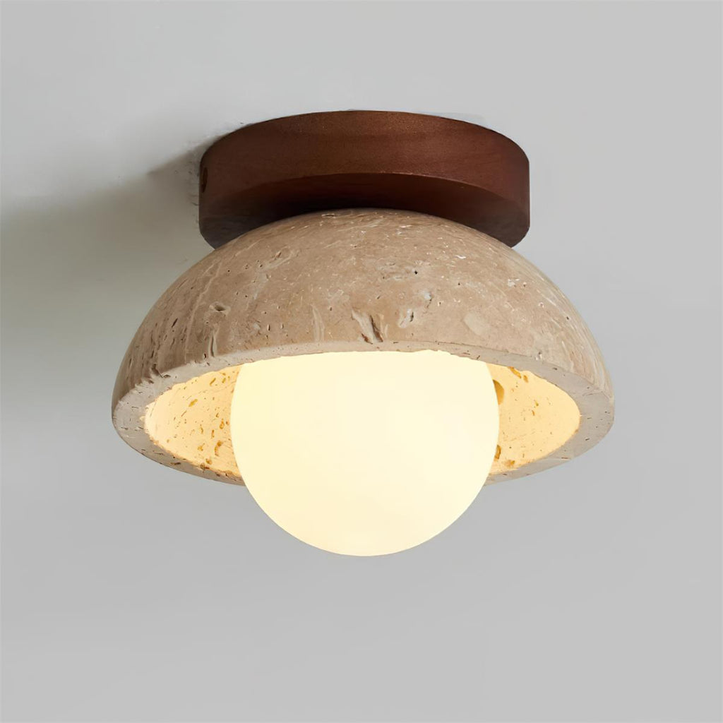 Plafonnier en travertin Mysa – Globe en verre et bois, luminaire minimaliste en pierre