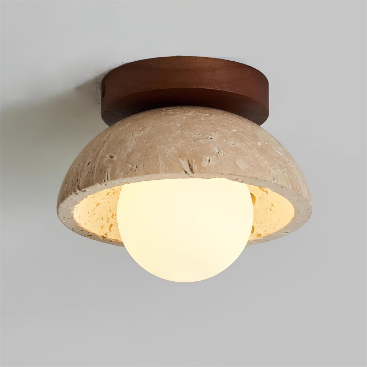 Plafonnier en travertin Mysa – Globe en verre et bois, luminaire minimaliste en pierre