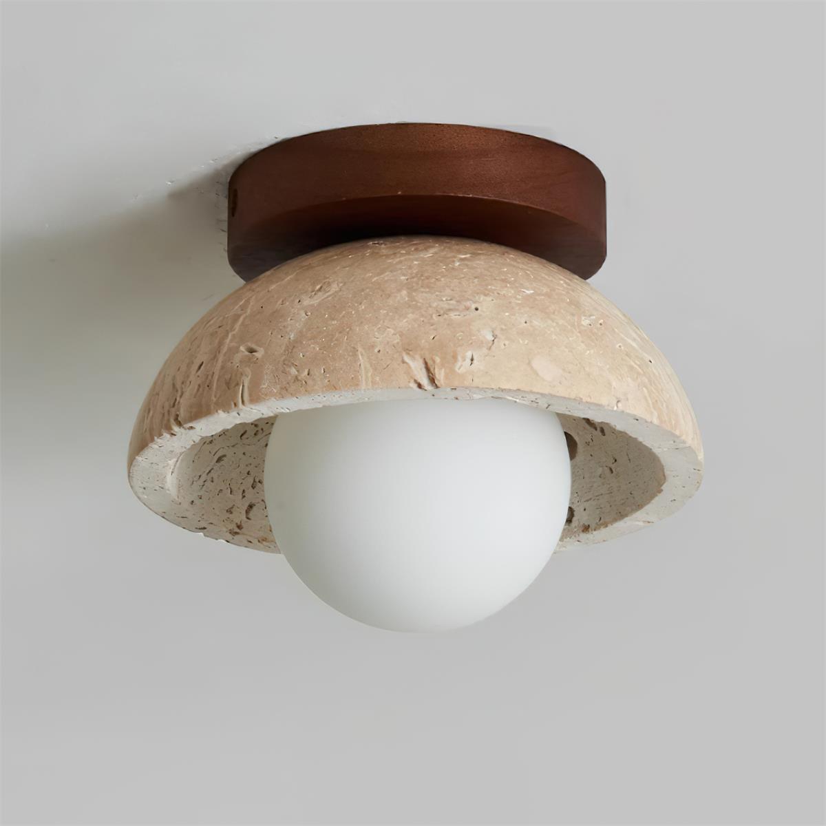 Plafonnier en travertin Mysa – Globe en verre et bois, luminaire minimaliste en pierre