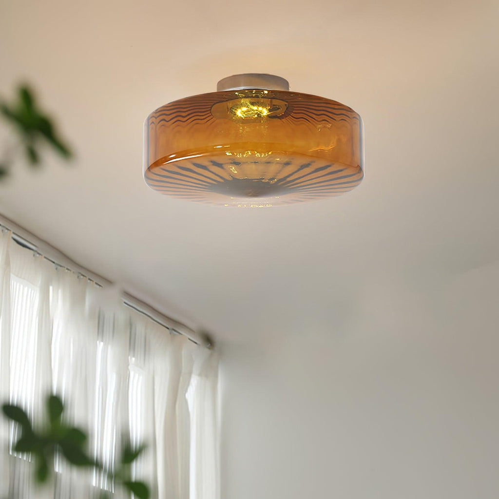Plafonnier en verre ambré June – Motif rayonnant rétro, lumière chaude