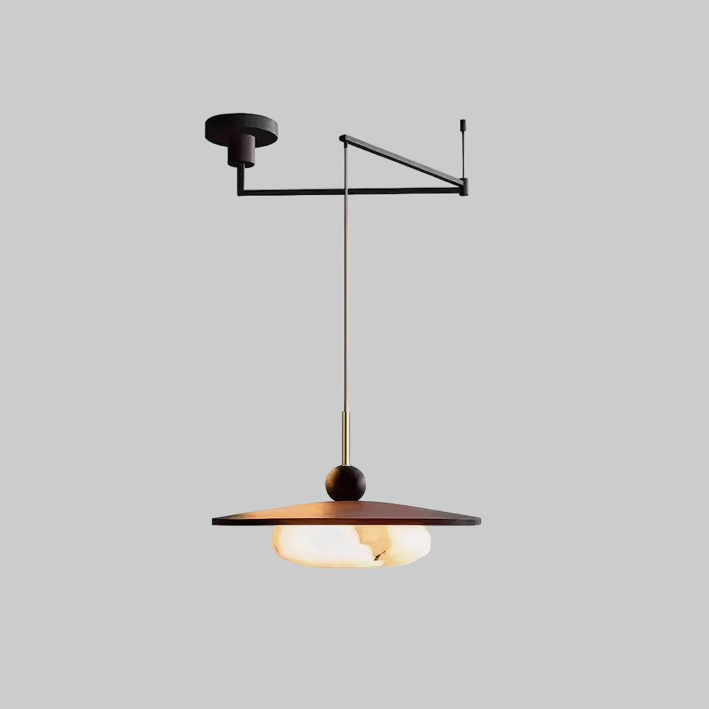 Suspension LED réglable Avione – Abat-jour effet albâtre et finition noyer