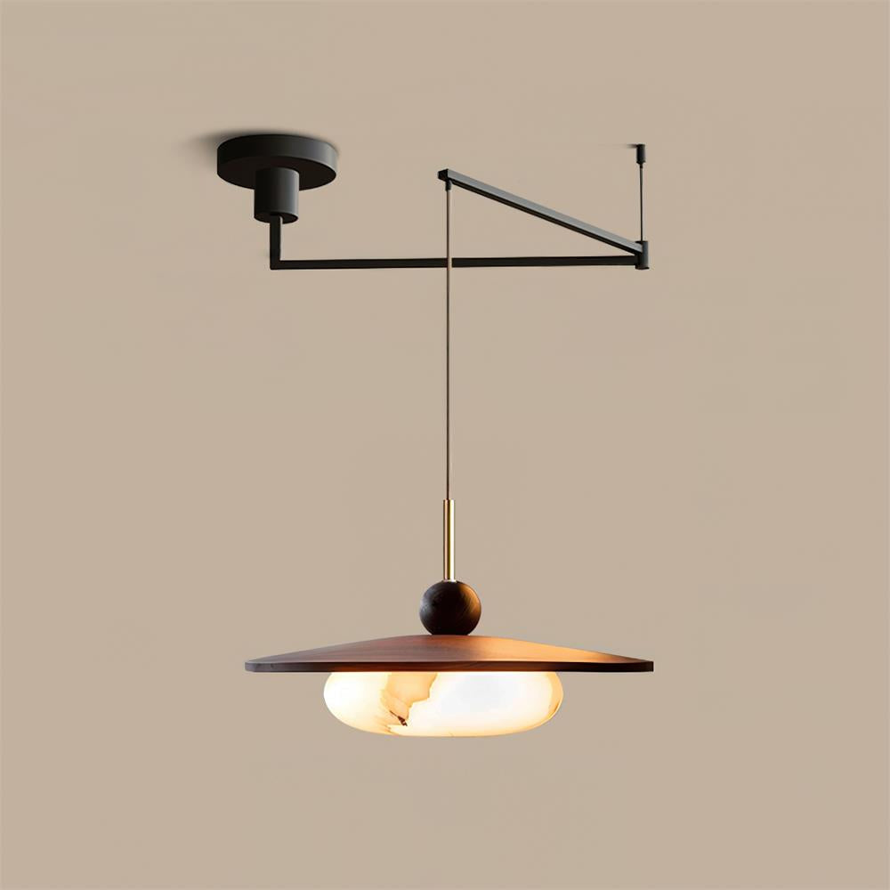 Suspension LED réglable Avione – Abat-jour effet albâtre et finition noyer