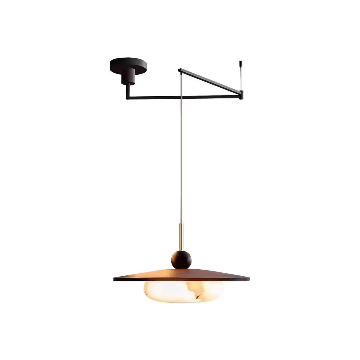 Suspension LED réglable Avione – Abat-jour effet albâtre et finition noyer