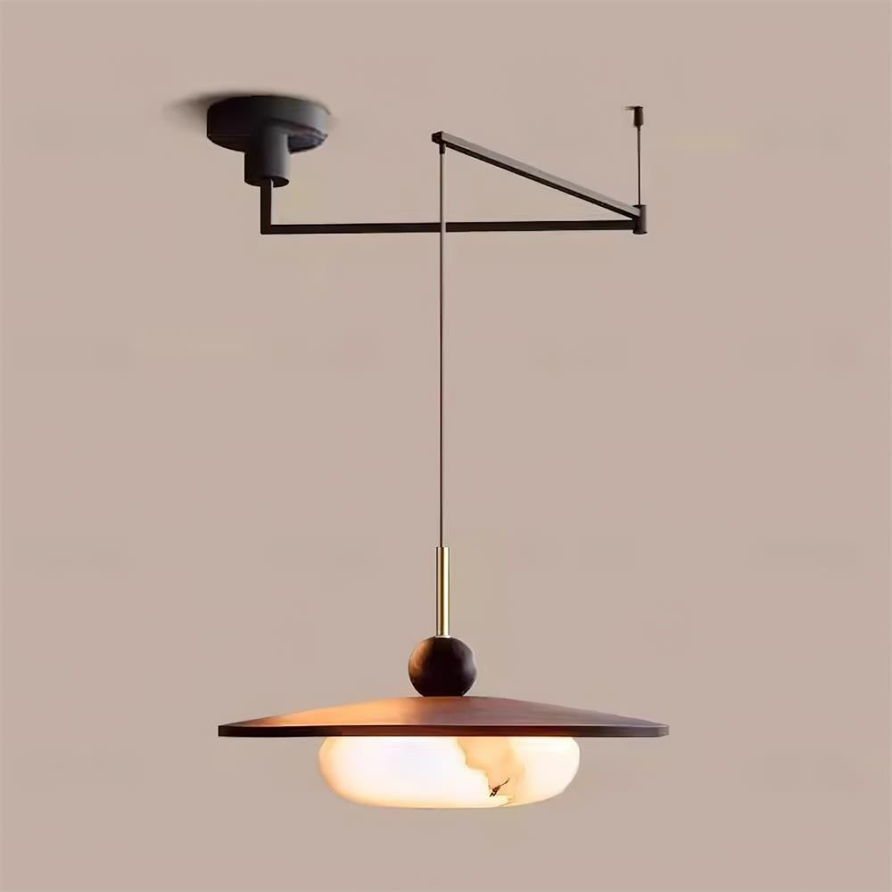 Suspension LED réglable Avione – Abat-jour effet albâtre et finition noyer