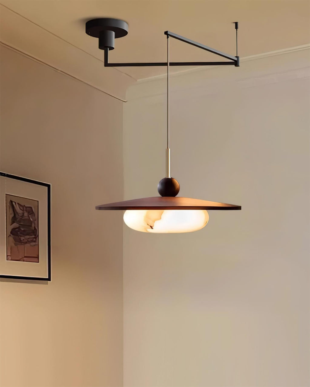 Suspension LED réglable Avione – Abat-jour effet albâtre et finition noyer