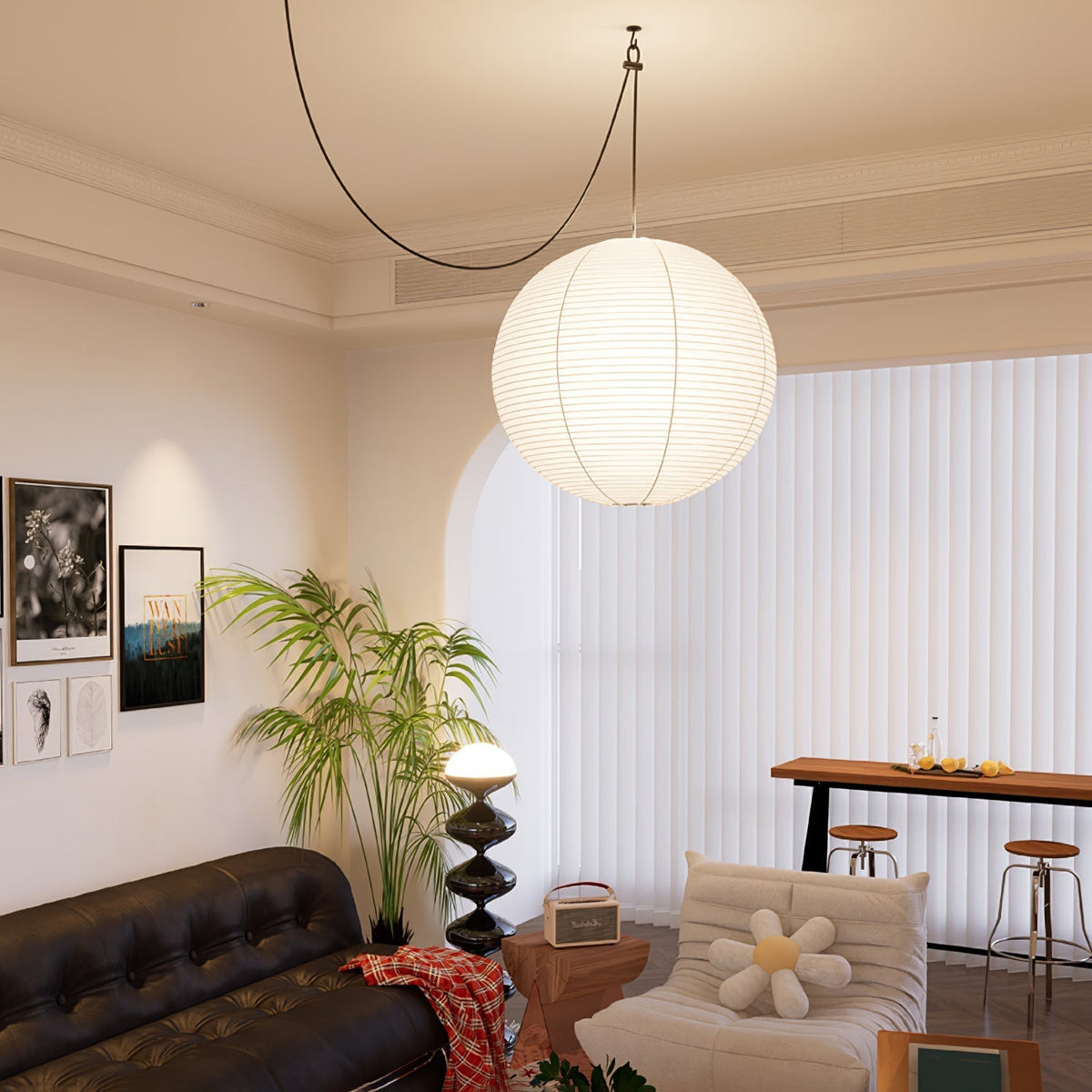 Suspension en papier washi Sylin – Grand abat-jour rond à lumière douce, de 40 à 120 cm