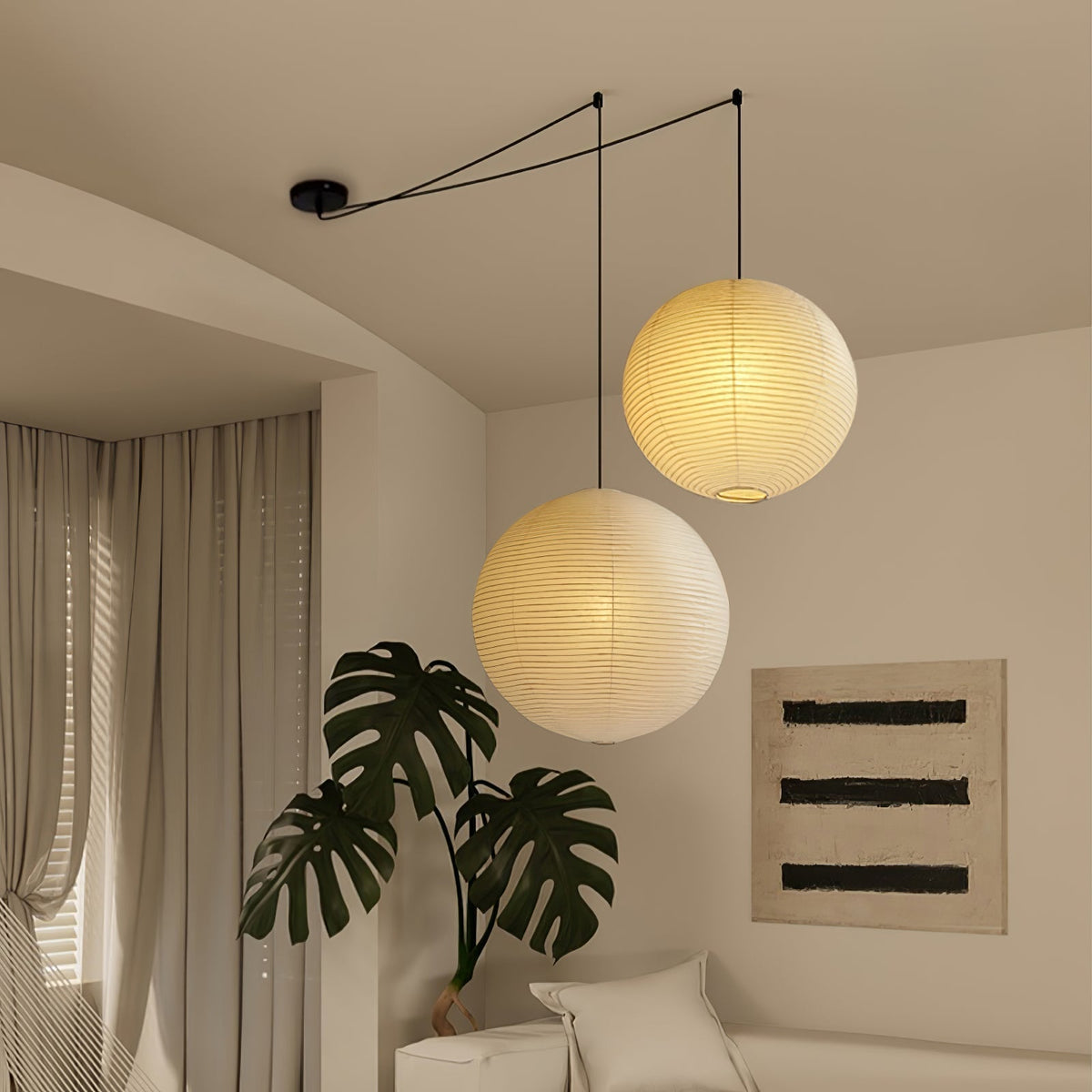 Suspension en papier washi Sylin – Grand abat-jour rond à lumière douce, de 40 à 120 cm
