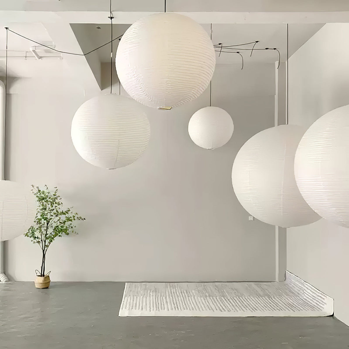 Suspension en papier washi Sylin – Grand abat-jour rond à lumière douce, de 40 à 120 cm