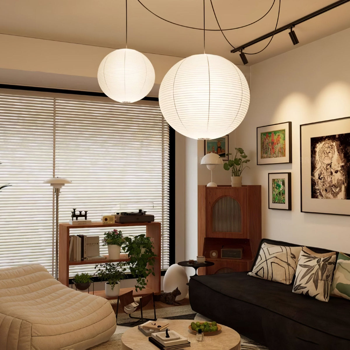 Suspension en papier washi Sylin – Grand abat-jour rond à lumière douce, de 40 à 120 cm