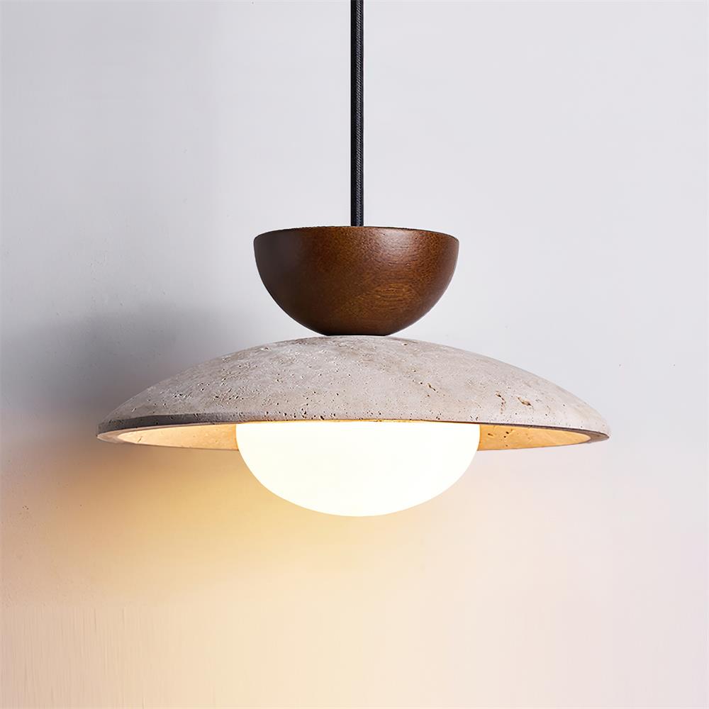 Suspension en travertin Cleo – Luminaire naturel à abat-jour en pierre et bois