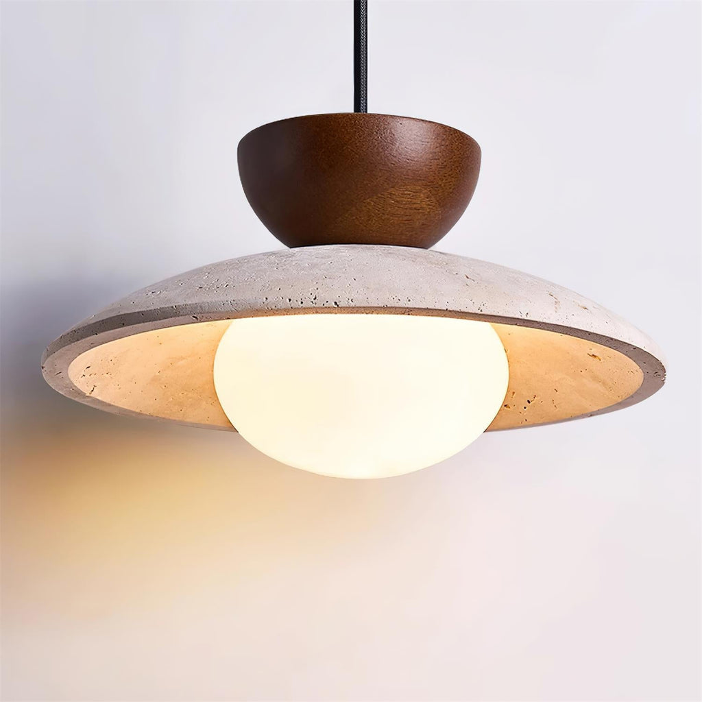 Suspension en travertin Cleo – Luminaire naturel à abat-jour en pierre et bois