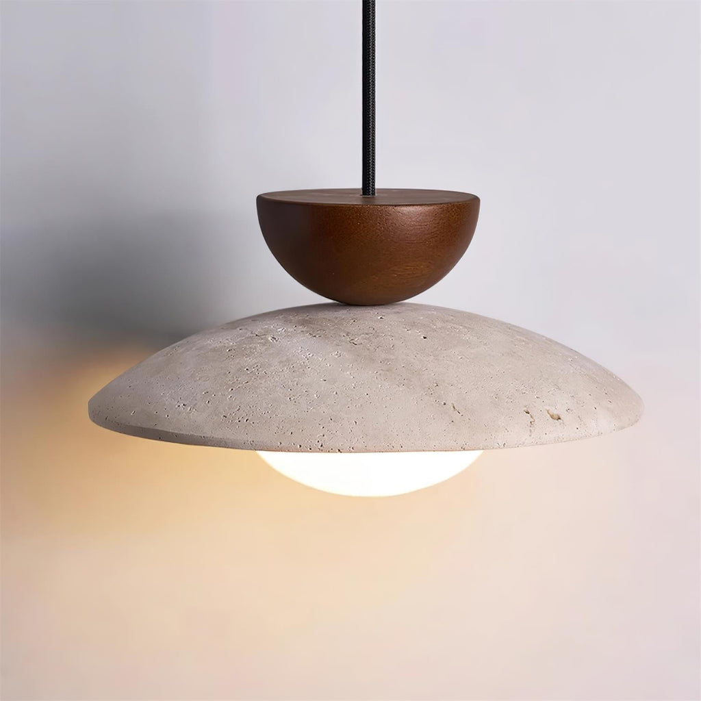 Suspension en travertin Cleo – Luminaire naturel à abat-jour en pierre et bois