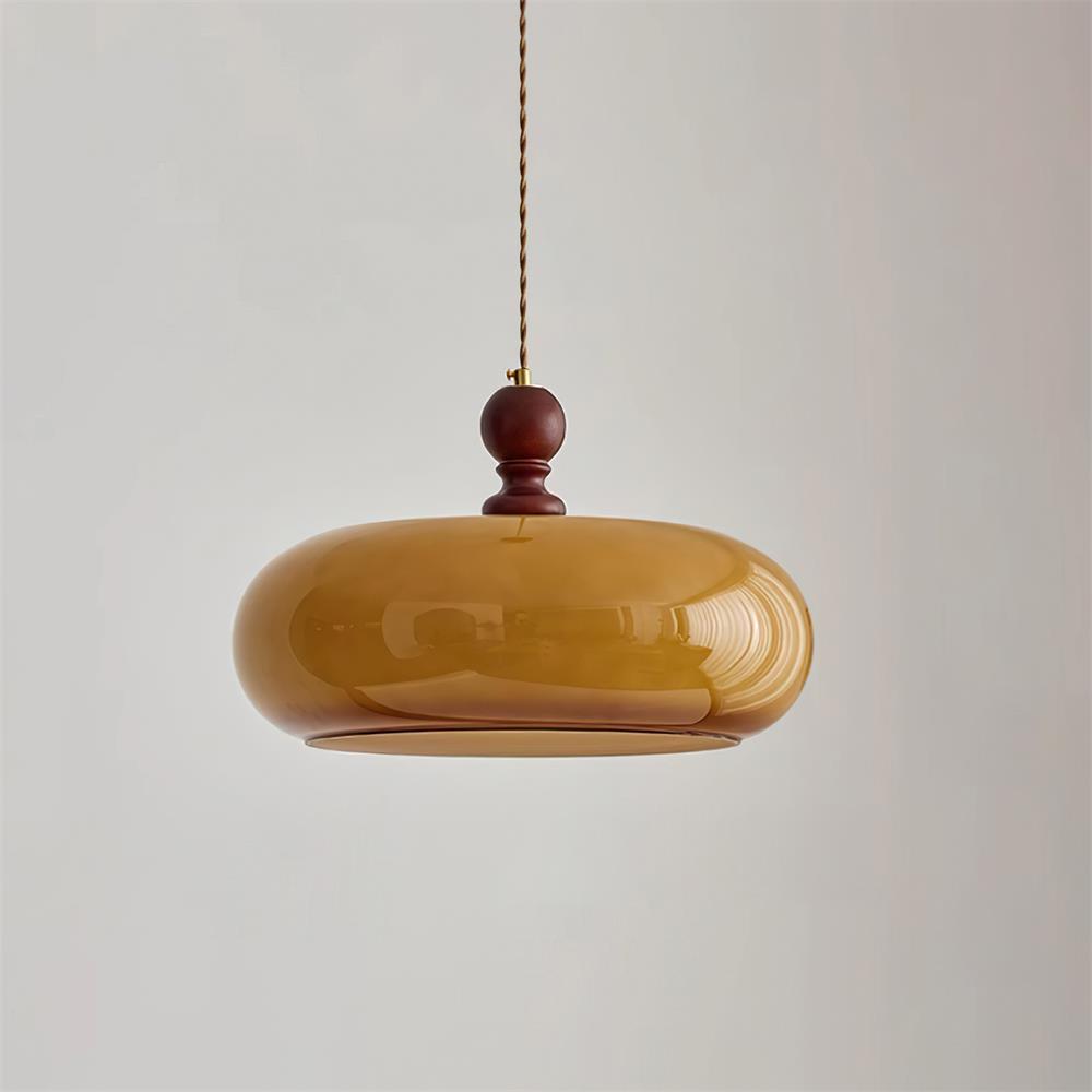 Suspension en verre ambré Eldom – Abat-jour brun et finition noyer, style rétro