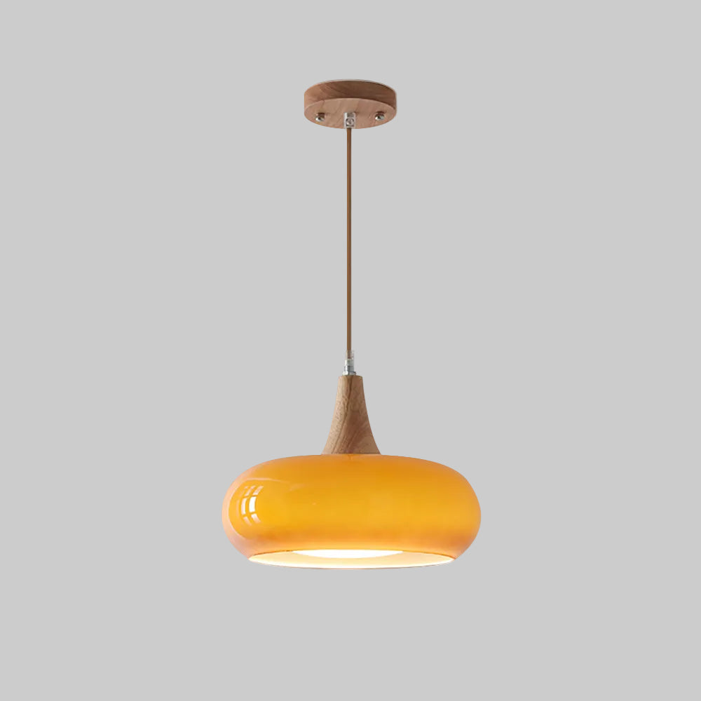 Suspension en verre et bois Charlotte – 1 à 3 têtes, globe orange ou blanc